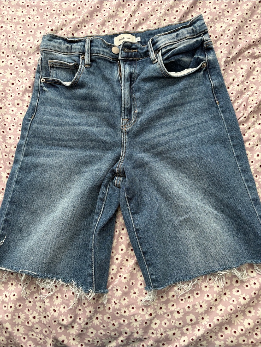bohme Faded Light Blue High-Rise Frayed Hem Denim Bermuda Shorts